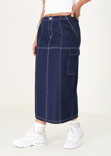 Brave Soul Indigo Denim Midi Skirt with Utility Pockets and Contrast Seams