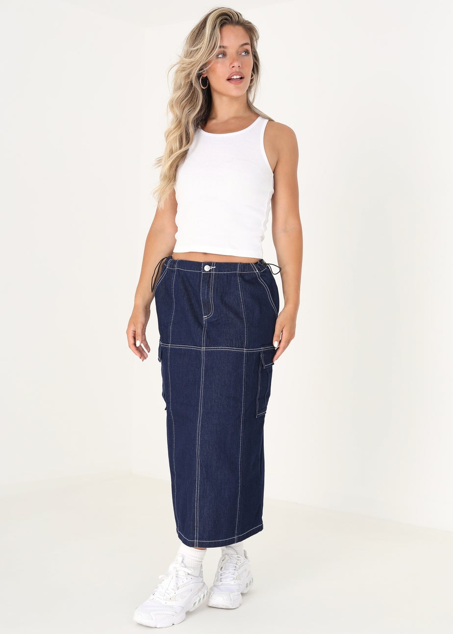 Brave Soul Indigo Denim Midi Skirt with Utility Pockets and Contrast Seams