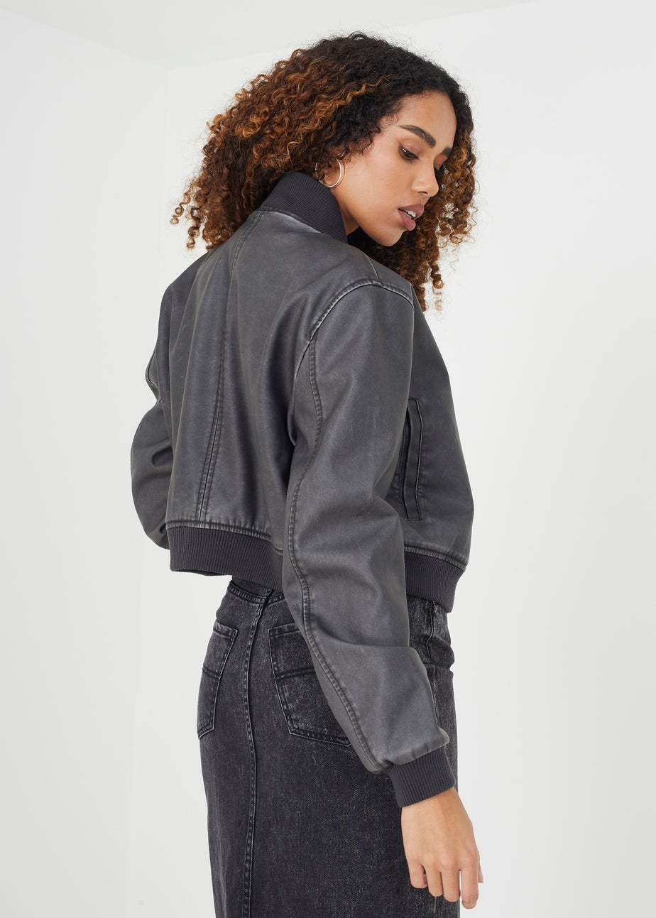 Brave Soul Black Vintage PU Cropped Bomber Jacket