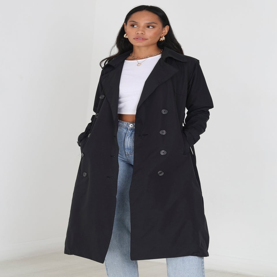 Brave Soul Black Double-Breasted Longline Trench Coat