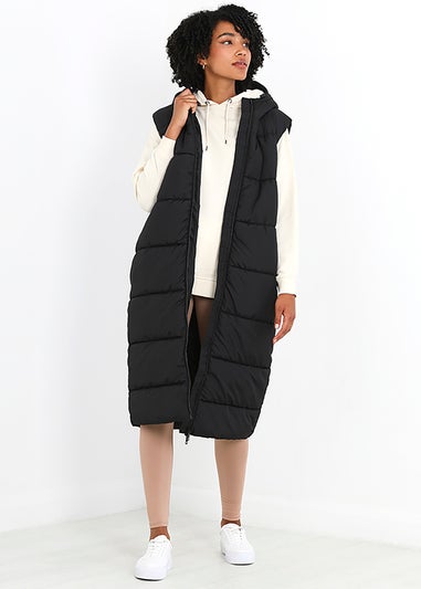 Brave Soul Black Longline Gilet With Fixed Hood