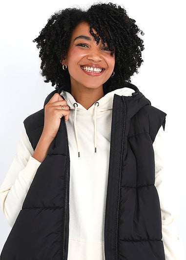 Brave Soul Black Longline Gilet With Fixed Hood