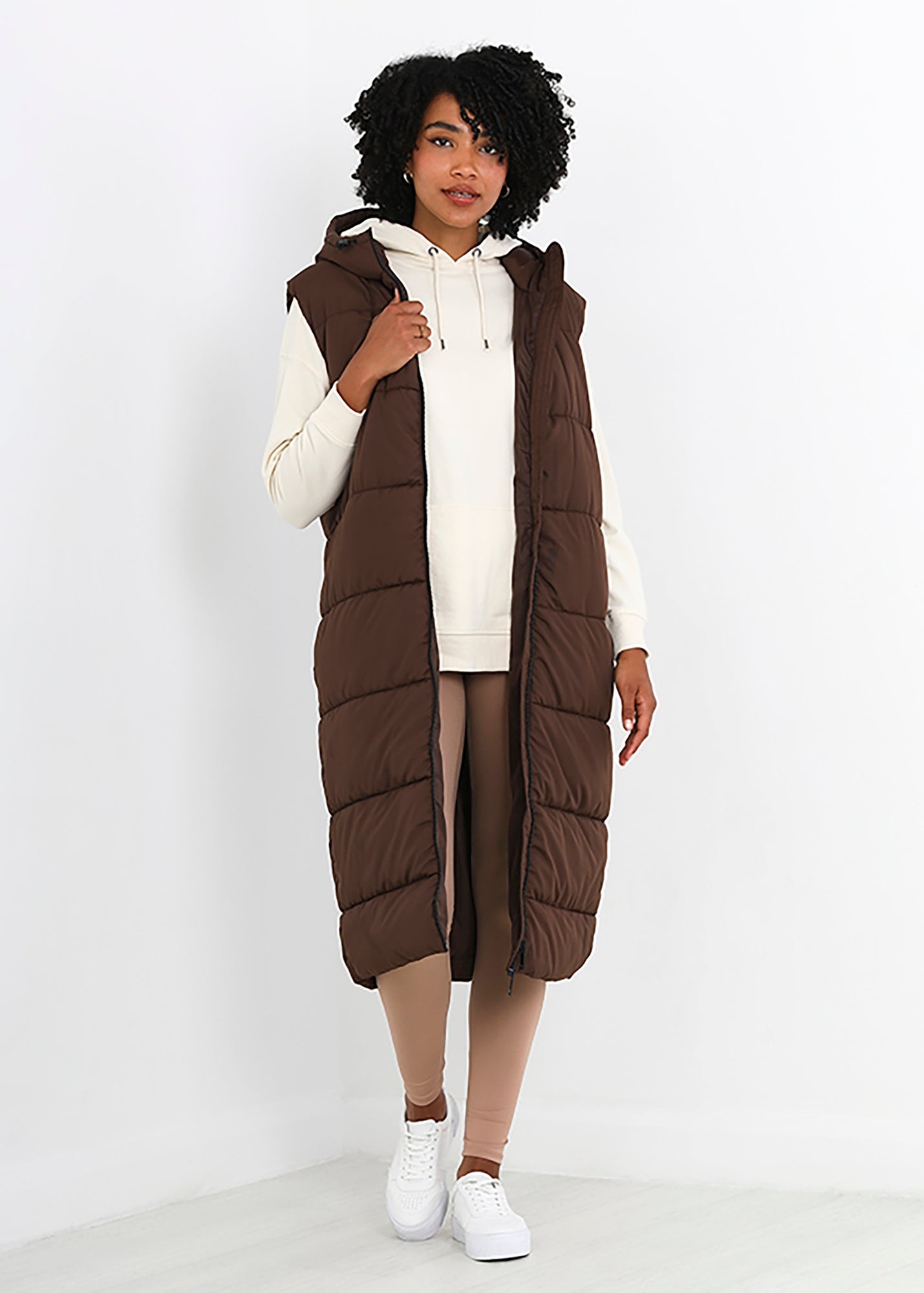 Brave Soul Chocolate Longline Gilet With Fixed Hood - Matalan