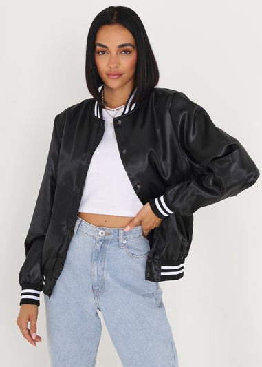 Brave Soul Black Satin Bomber Jacket With Stripe Detail
