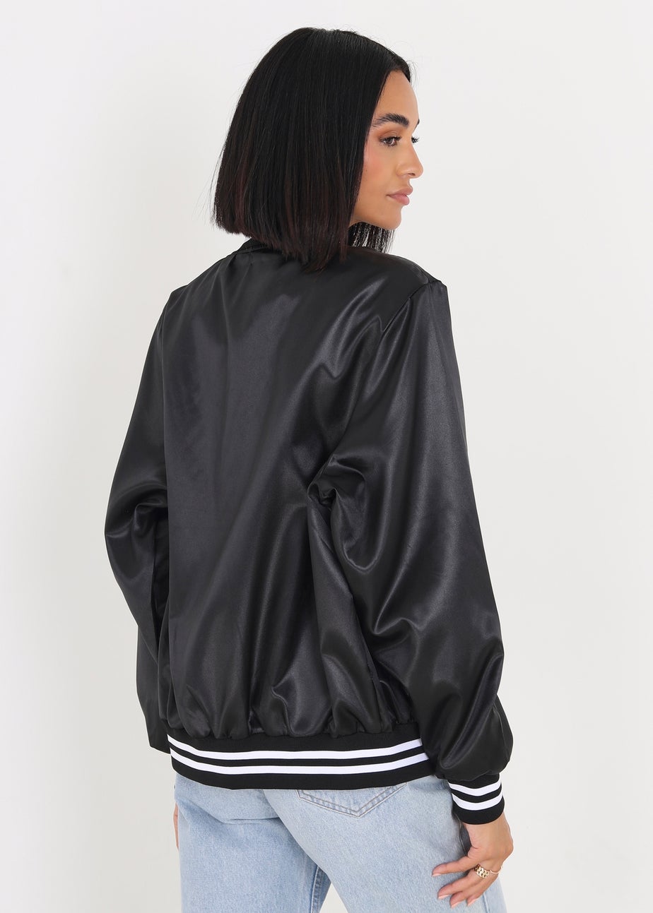 Brave Soul Black Satin Bomber Jacket With Stripe Detail