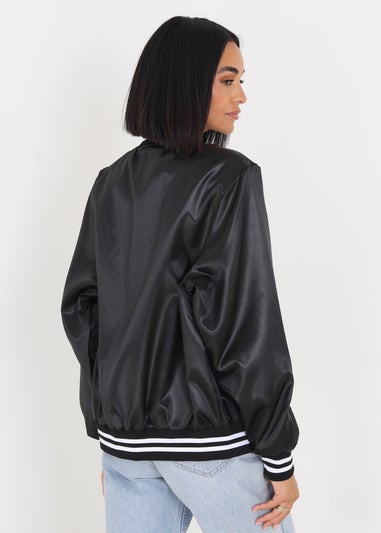 Brave Soul Black Satin Bomber Jacket With Stripe Detail