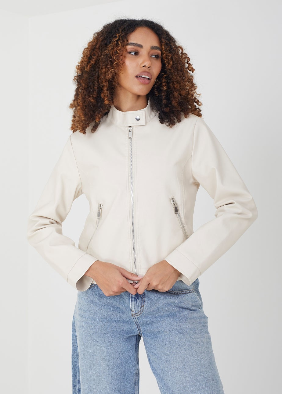 Brave Soul Stone Faux Leather Round Neck Biker Jacket