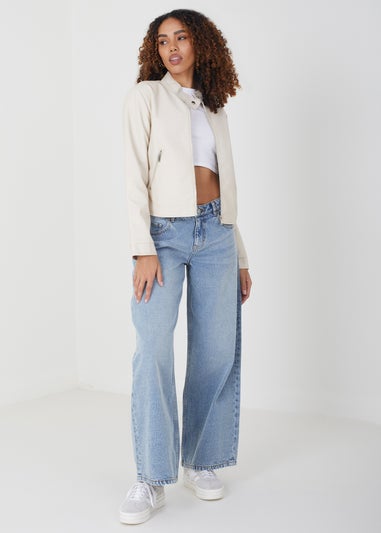 Brave Soul Stone Faux Leather Round Neck Biker Jacket