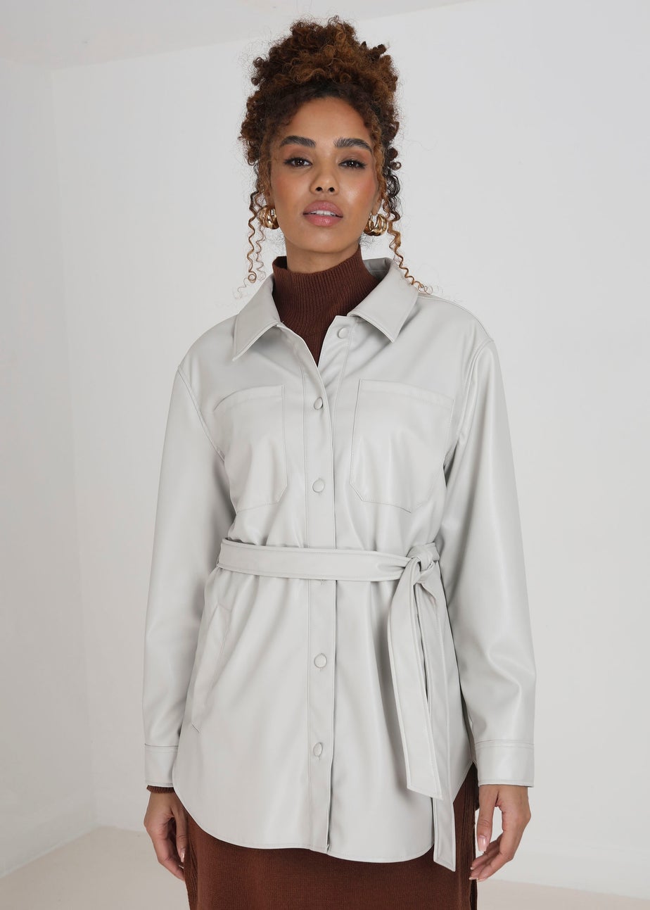 Brave Soul Stone Faux Leather Self Tie Shacket