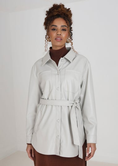 Brave Soul Stone Faux Leather Self Tie Shacket