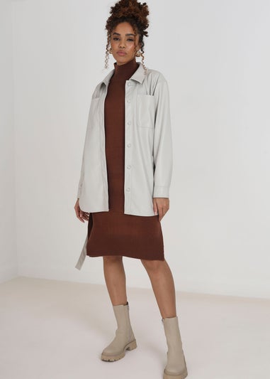 Brave Soul Stone Faux Leather Self Tie Shacket