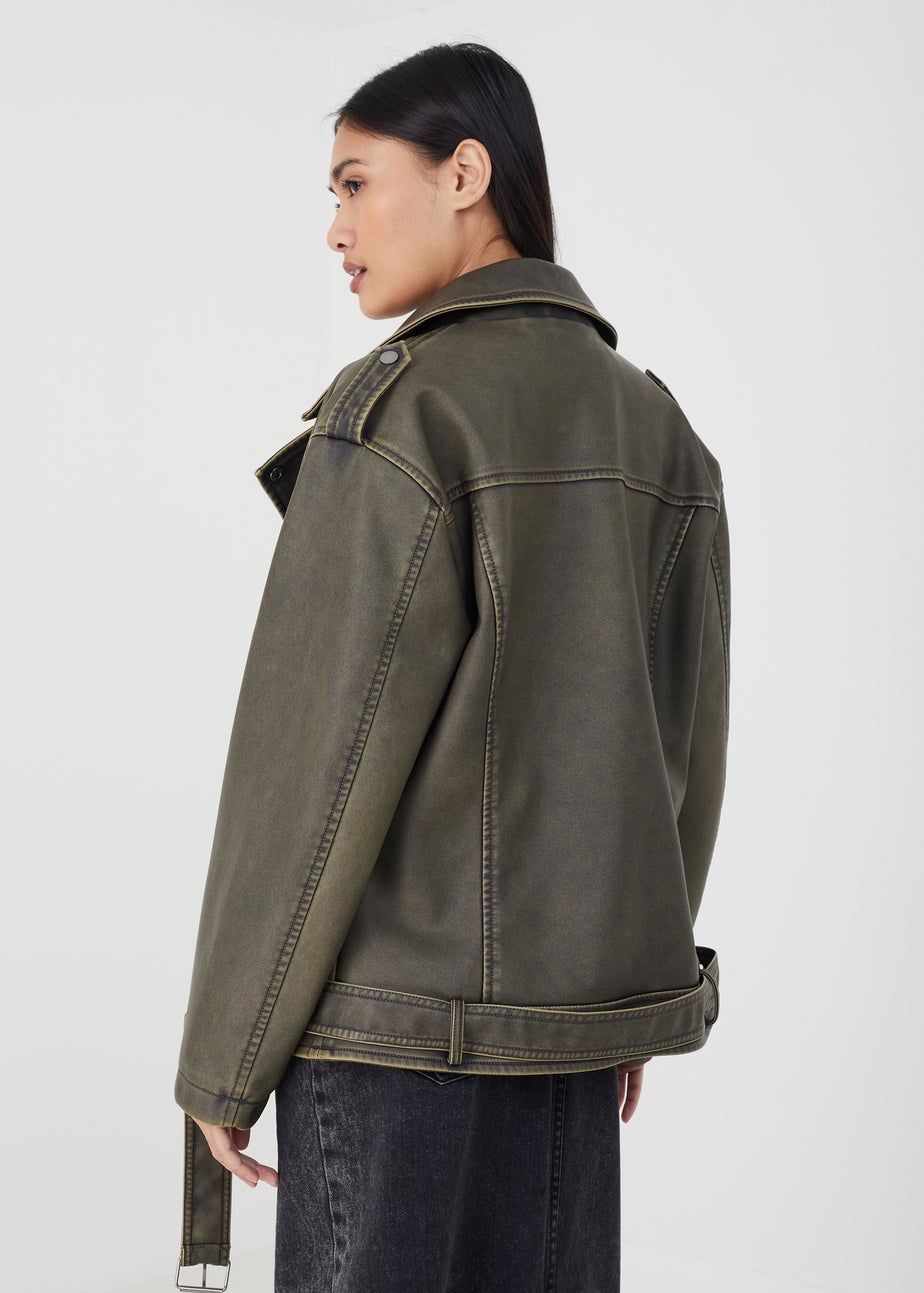 Brave Soul Khaki Vintage PU Oversized Biker Jacket