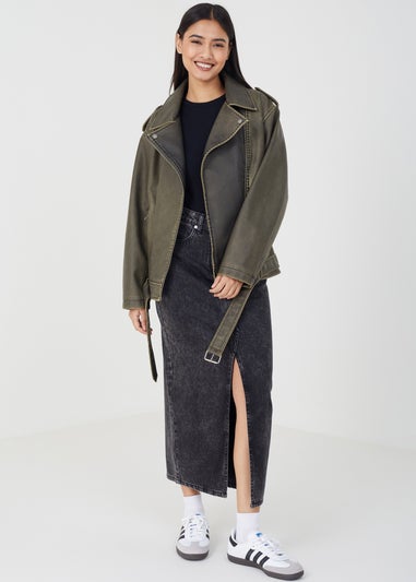 Brave Soul Khaki Vintage PU Oversized Biker Jacket