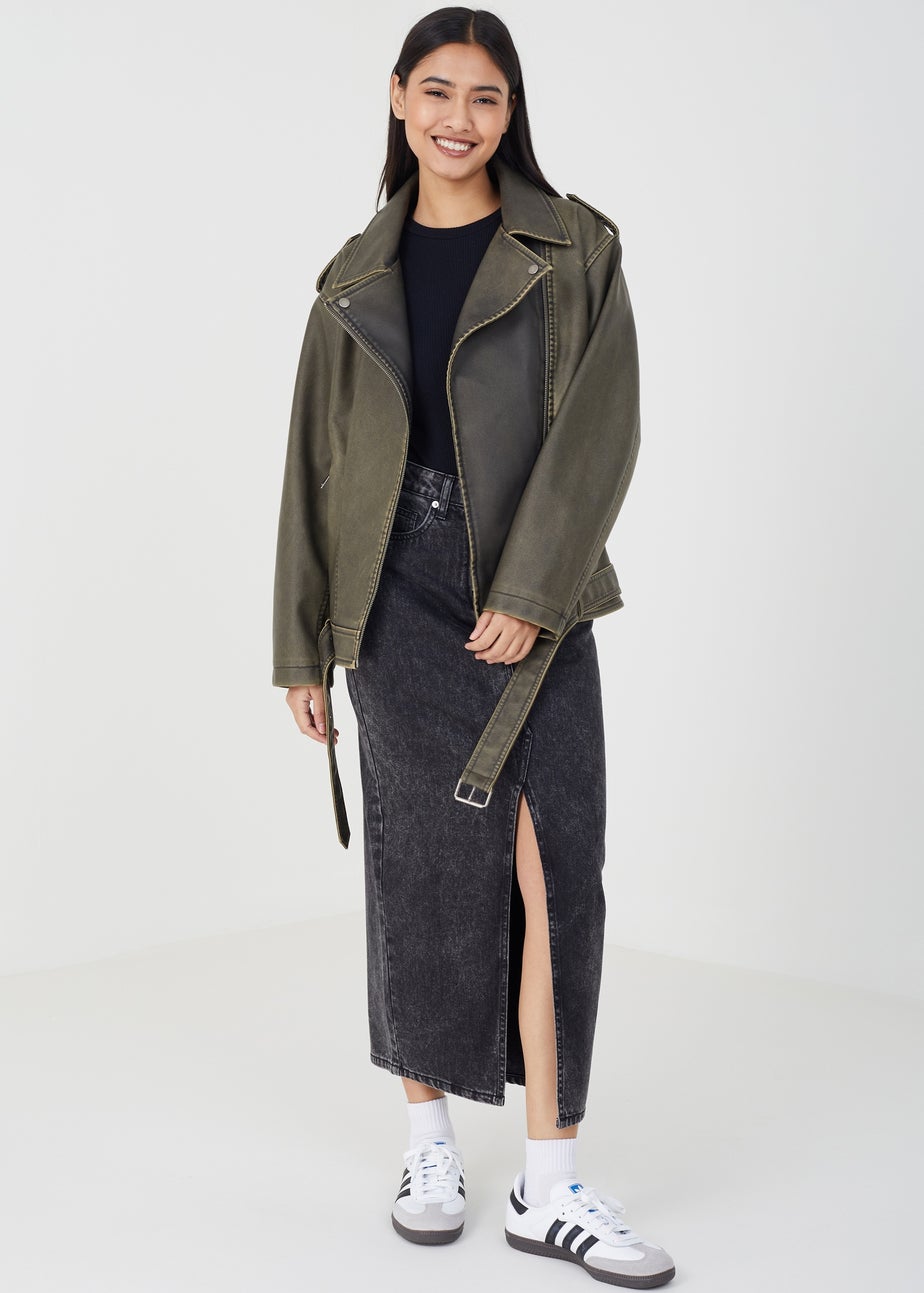 Brave Soul Khaki Vintage PU Oversized Biker Jacket
