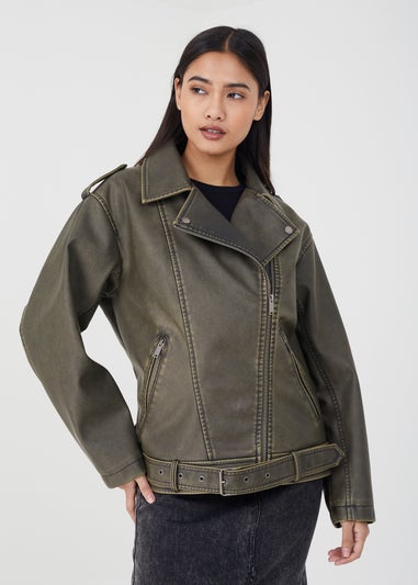 Brave Soul Khaki Vintage PU Oversized Biker Jacket