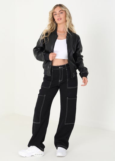 Brave Soul Black PU Faux Leather Bomber Jacket