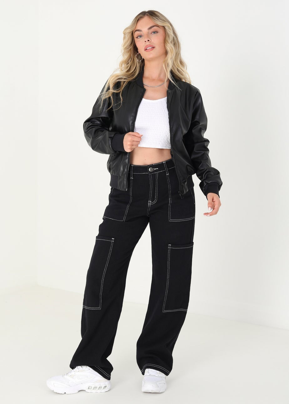 Brave Soul Black PU Faux Leather Bomber Jacket