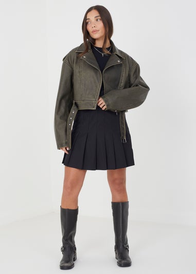 Brave Soul Khaki Faux Leather Cropped Biker Jacket