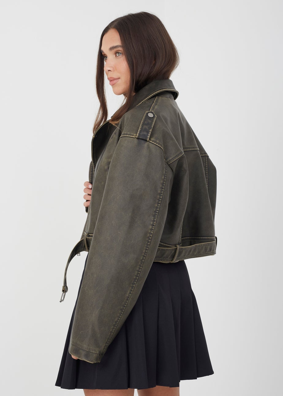 Brave Soul Khaki Faux Leather Cropped Biker Jacket