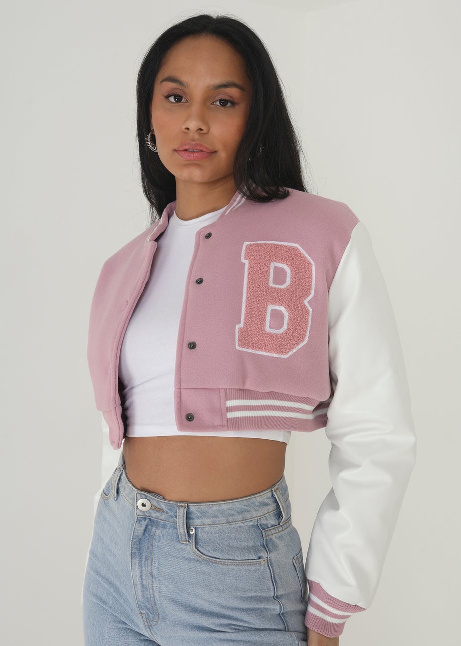 Brave Soul Pink Faux Wool Cropped Varsity Bomber Jacket