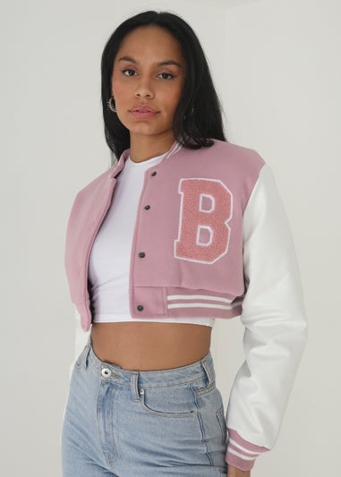 Brave Soul Pink Faux Wool Cropped Varsity Bomber Jacket