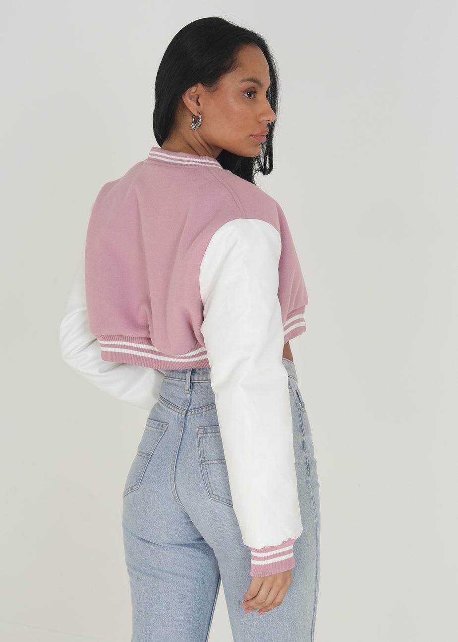 Brave Soul Pink Faux Wool Cropped Varsity Bomber Jacket