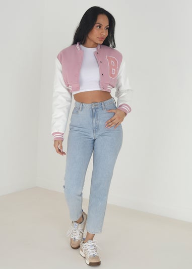 Brave Soul Pink Faux Wool Cropped Varsity Bomber Jacket