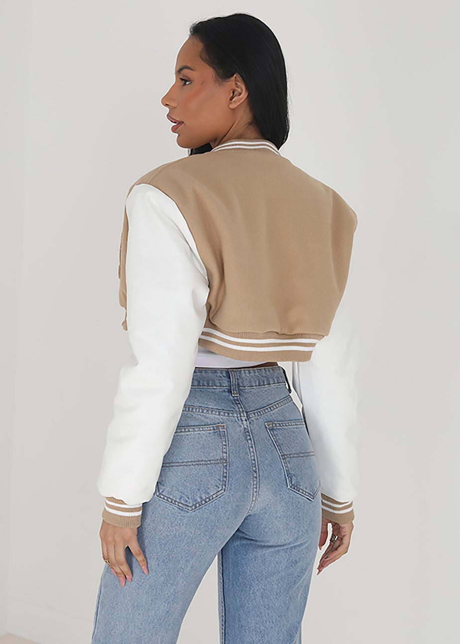 Brave Soul Stone Faux Wool Cropped Varsity Bomber Jacket
