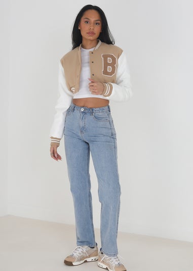 Brave Soul Stone Faux Wool Cropped Varsity Bomber Jacket