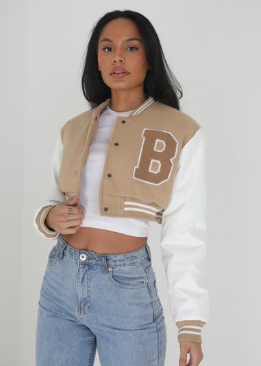 Brave Soul Stone Faux Wool Cropped Varsity Bomber Jacket