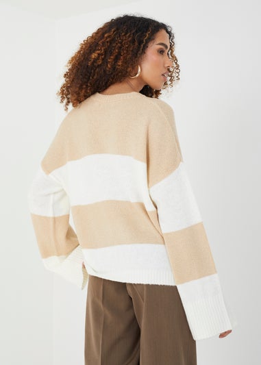 Brave Soul Beige Striped Lightweight Knitted Jumper
