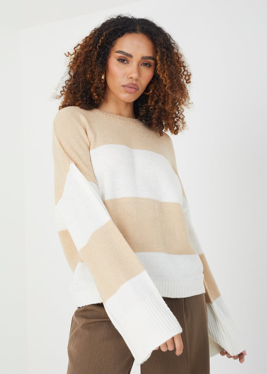 Brave Soul Beige Striped Lightweight Knitted Jumper