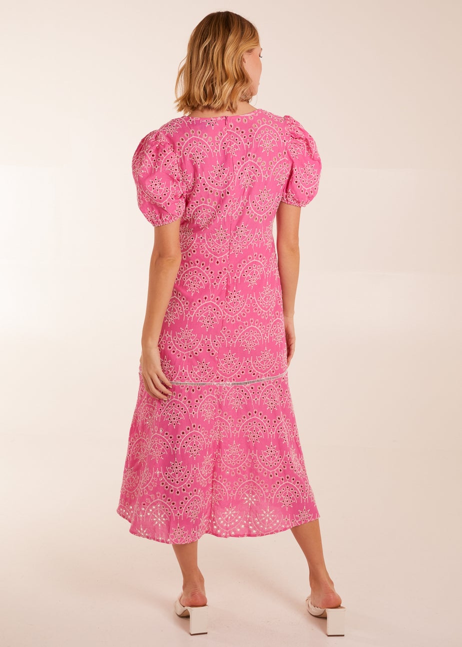 Blue Vanilla Pink Broderie Anglaise Puff Sleeve Midi Dress