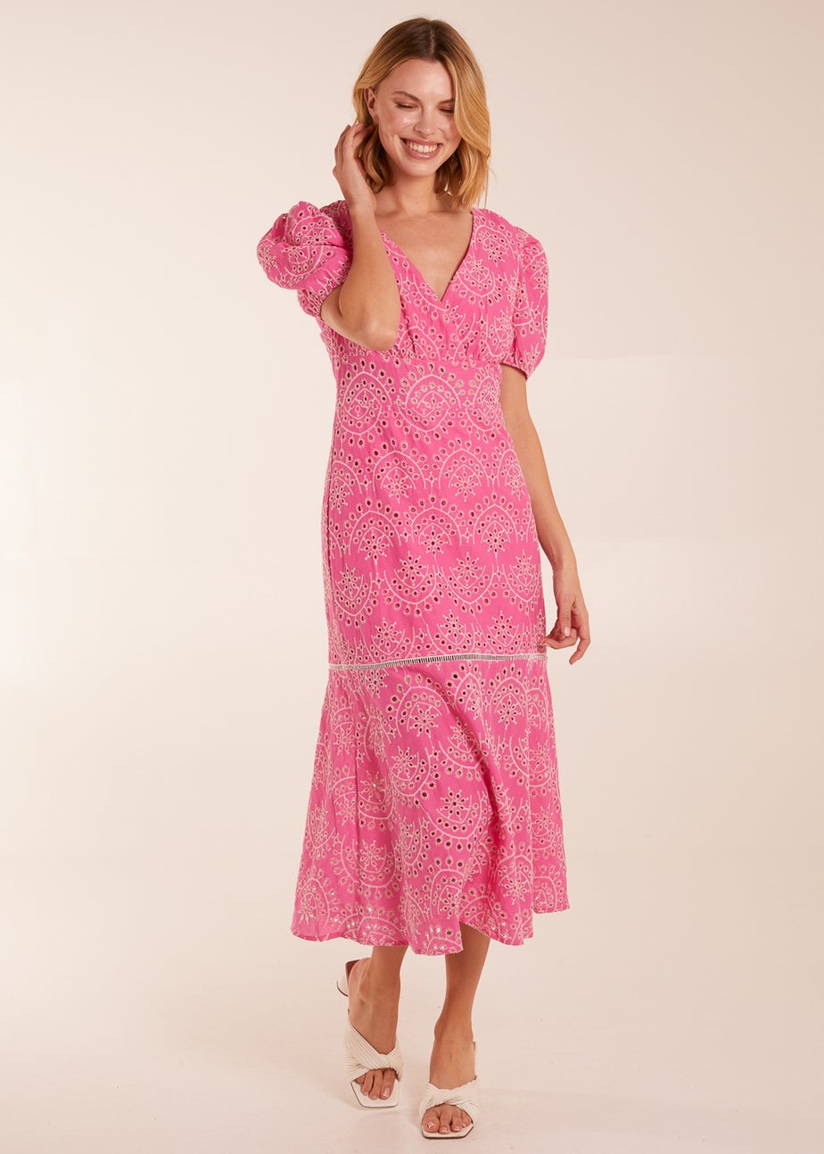 Blue Vanilla Pink Broderie Anglaise Puff Sleeve Midi Dress
