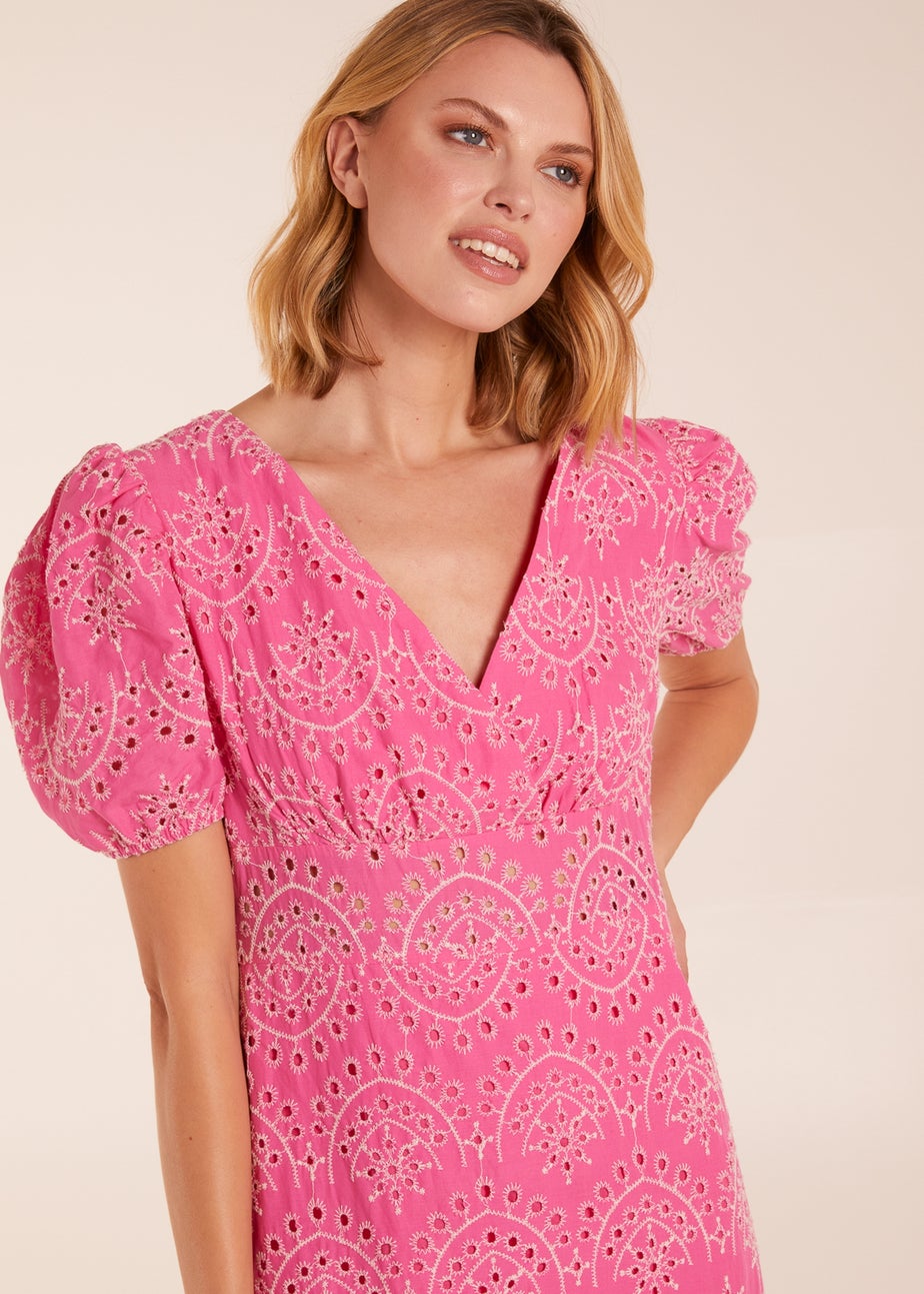 Blue Vanilla Pink Broderie Anglaise Puff Sleeve Midi Dress