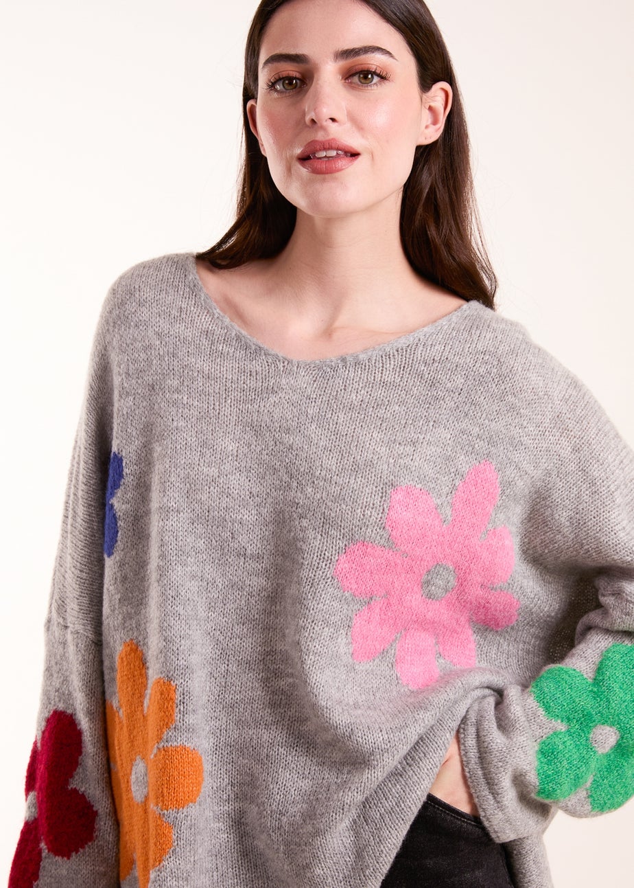 Blue Vanilla Grey Multi Coloured Daisy Flower Print Jumper