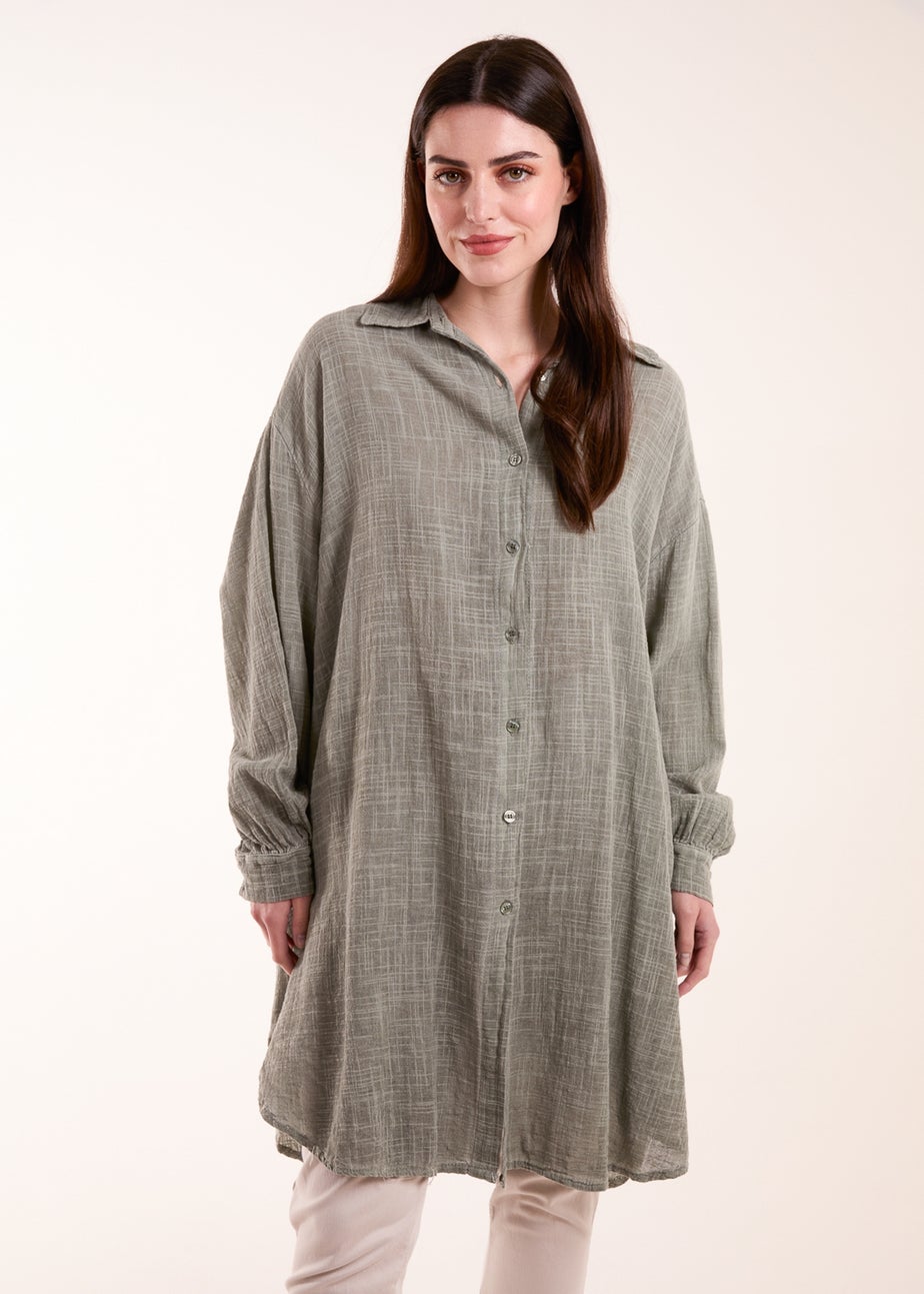 Blue Vanilla Khaki Cold Wash Cross Hatch Long Line Shirt