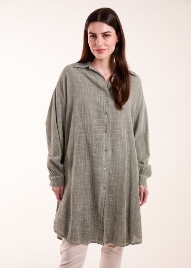 Blue Vanilla Khaki Cold Wash Cross Hatch Long Line Shirt