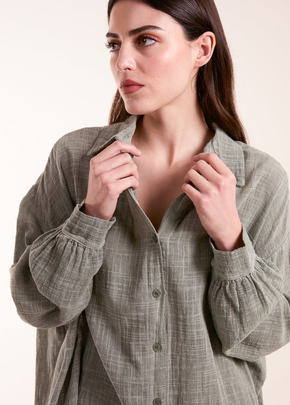 Blue Vanilla Khaki Cold Wash Cross Hatch Long Line Shirt