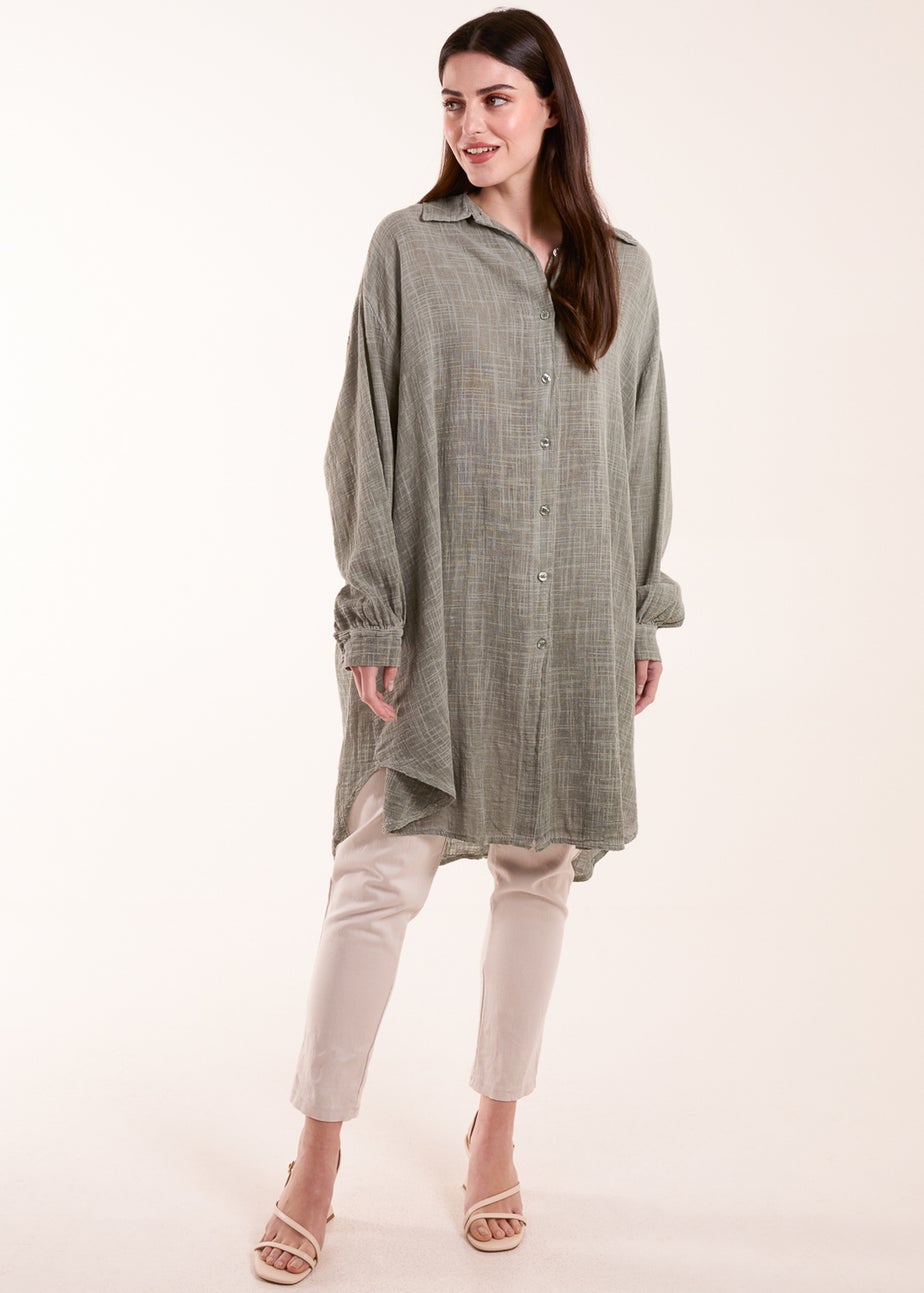 Blue Vanilla Khaki Cold Wash Cross Hatch Long Line Shirt