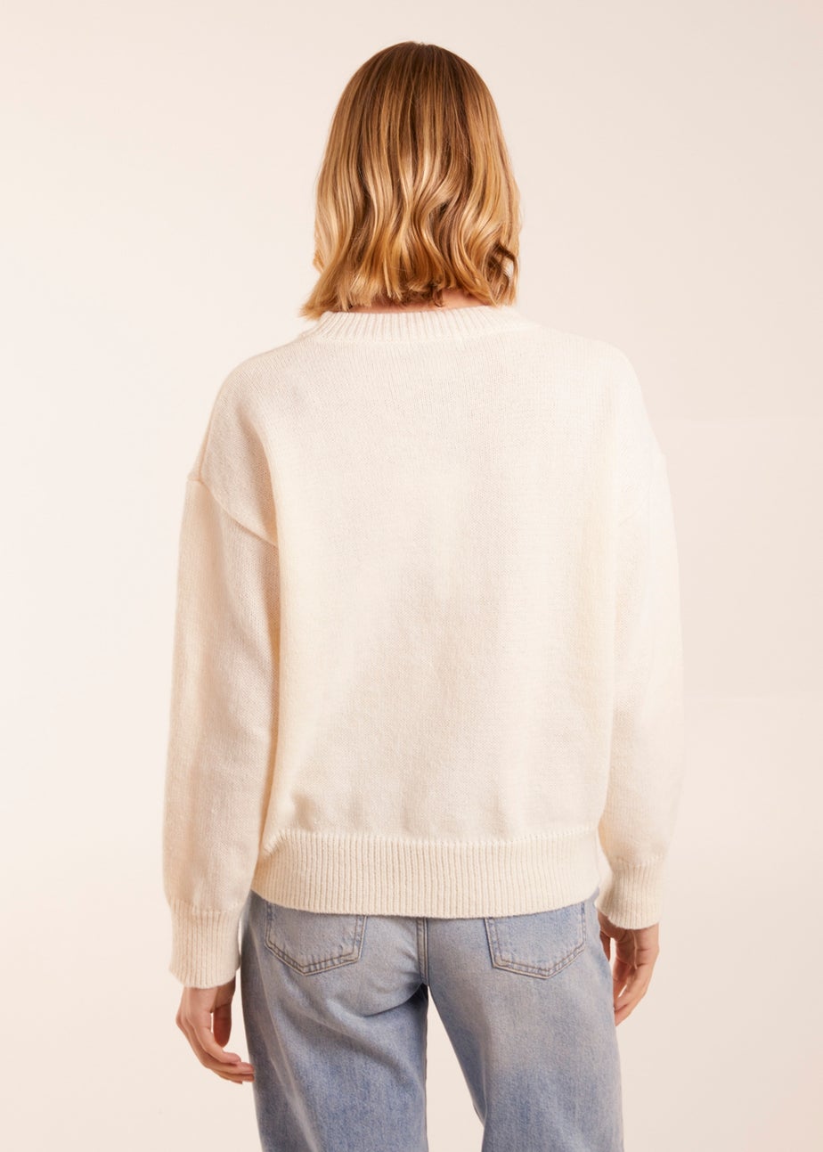 Blue Vanilla Ivory Patchwork Embroidered Daisy Flower Knit Jumper