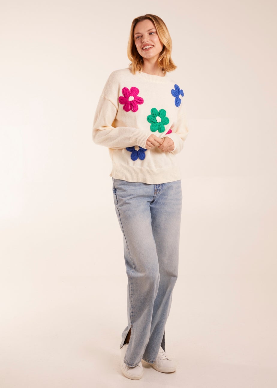 Blue Vanilla Ivory Patchwork Embroidered Daisy Flower Knit Jumper