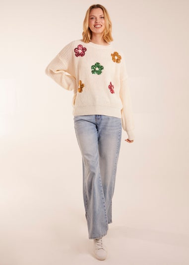Blue Vanilla Ivory Sequin Daisy Flower Knitted Jumper
