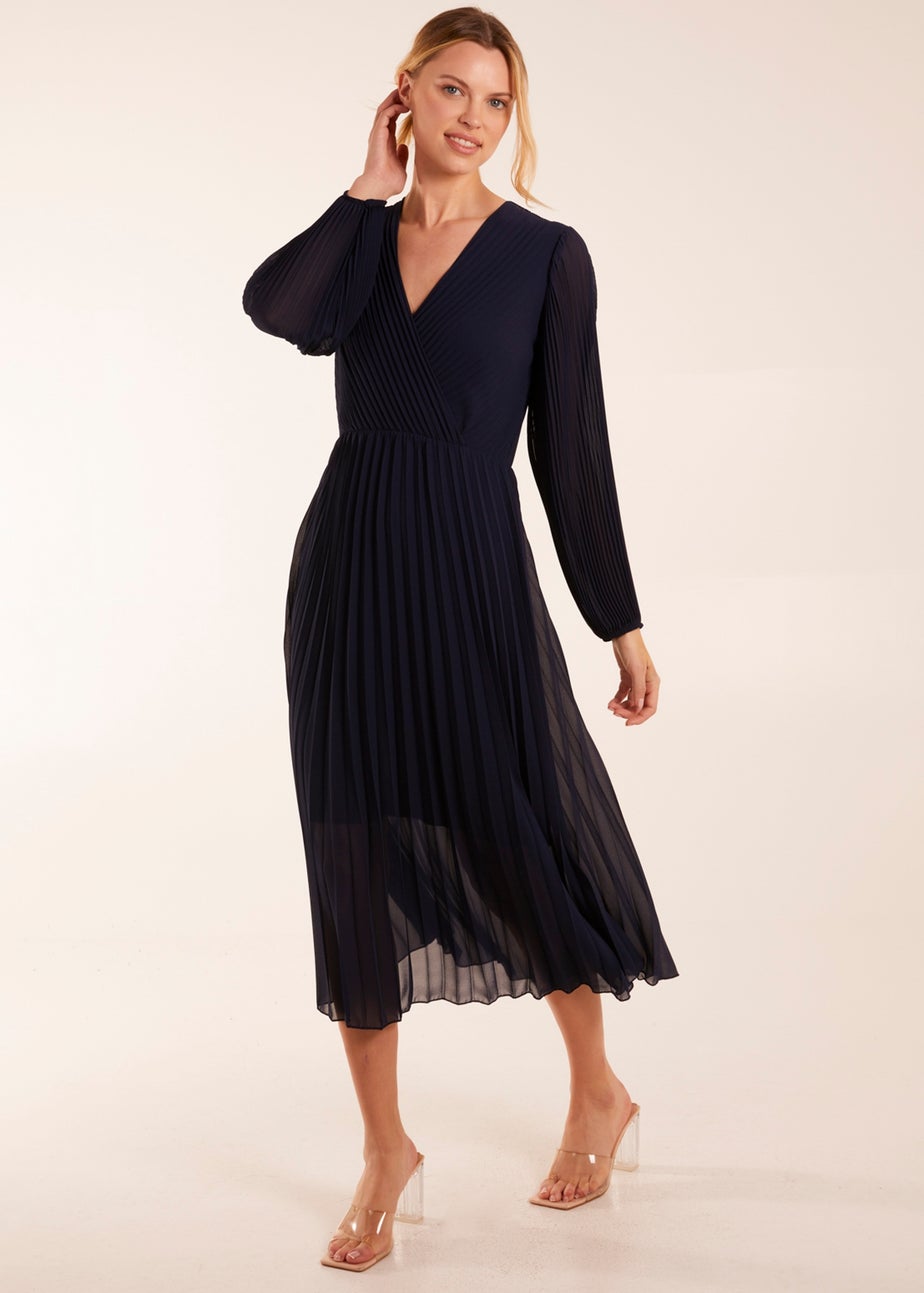 Blue Vanilla Navy Wrap Front Pleated Maxi Dress