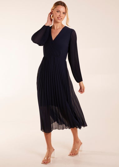 Blue Vanilla Navy Wrap Front Pleated Maxi Dress