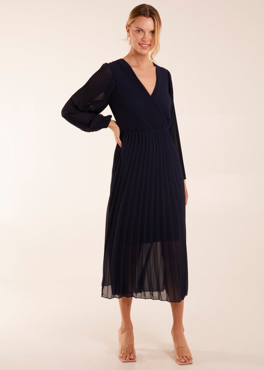 Blue Vanilla Navy Wrap Front Pleated Maxi Dress