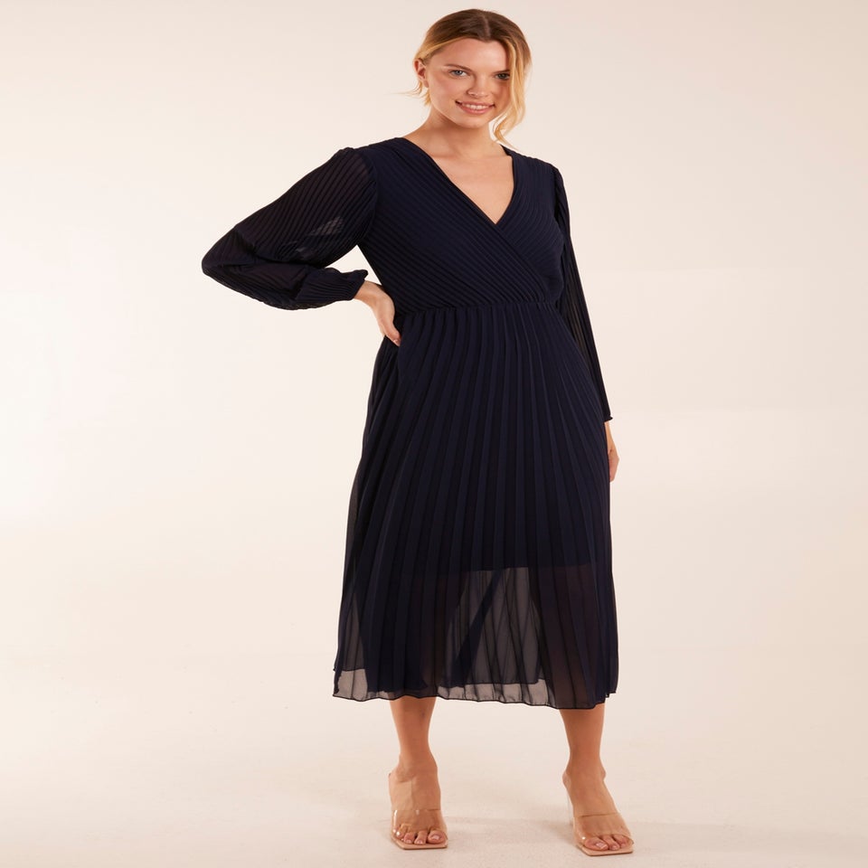 Blue Vanilla Navy Wrap Front Pleated Maxi Dress