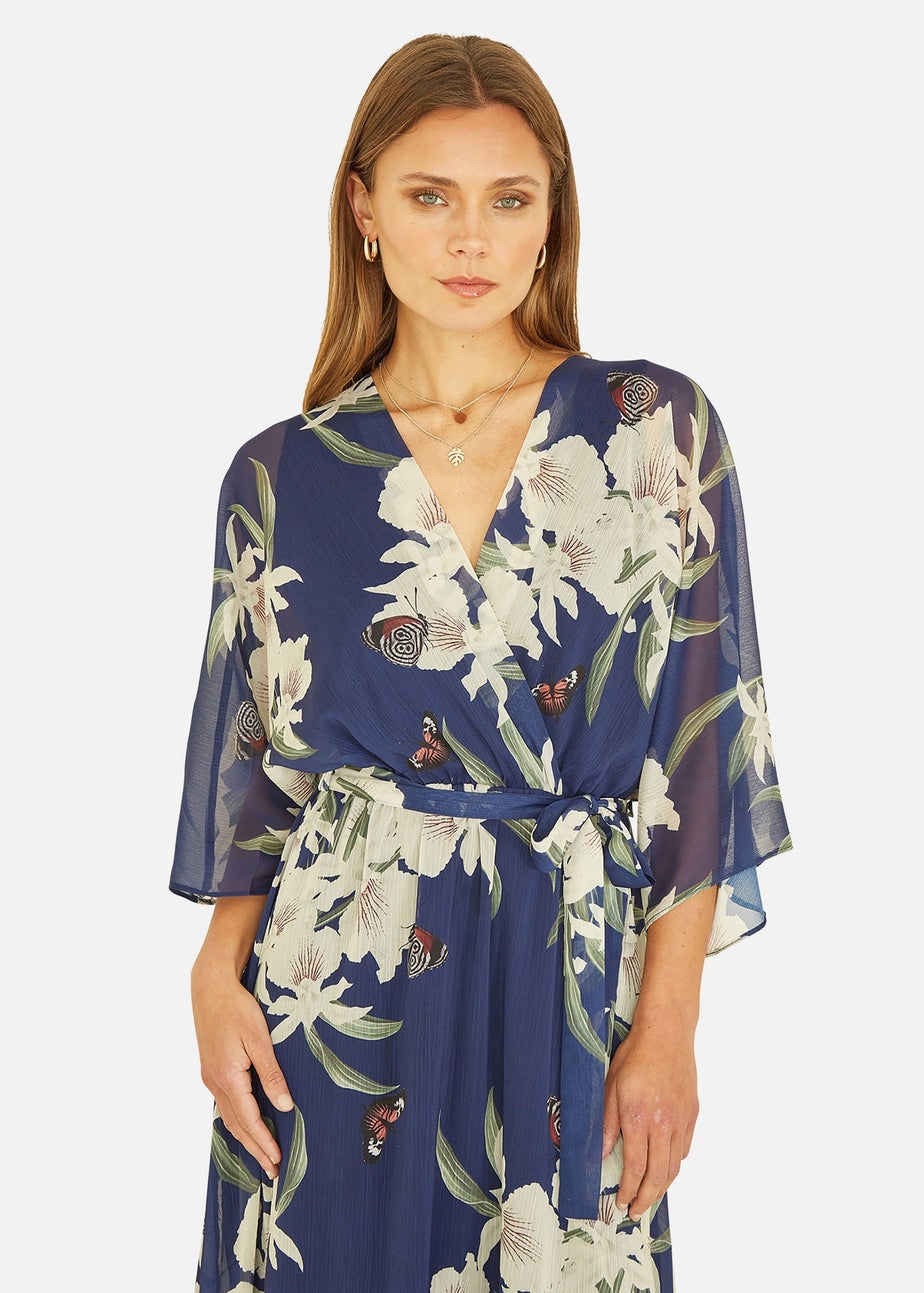 Yumi Floral Print Navy Kimono Midi Wrap Dress
