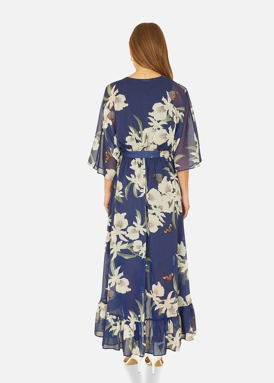 Yumi Floral Print Navy Kimono Midi Wrap Dress