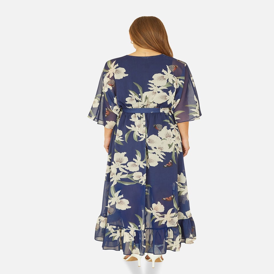 Yumi Floral Print Navy Kimono Midi Wrap Dress
